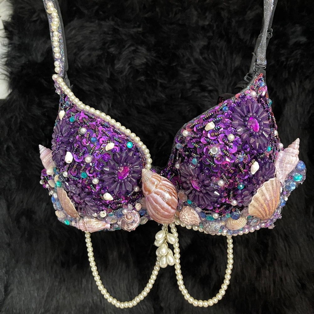 Custom Embellished Purple Mermaid Bra with Shell Accents